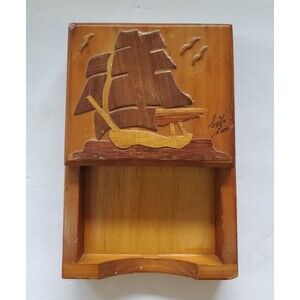 Vintage Wooden Box w/Carved Ship- Cards or Stationary Nautical Decor